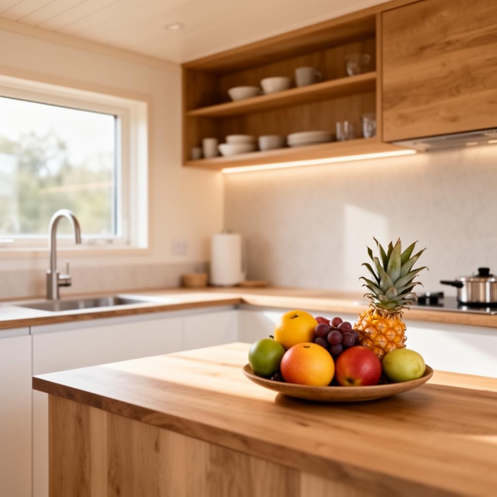 A functional, light-filled kitchen with wooden details and fresh tropical fruit