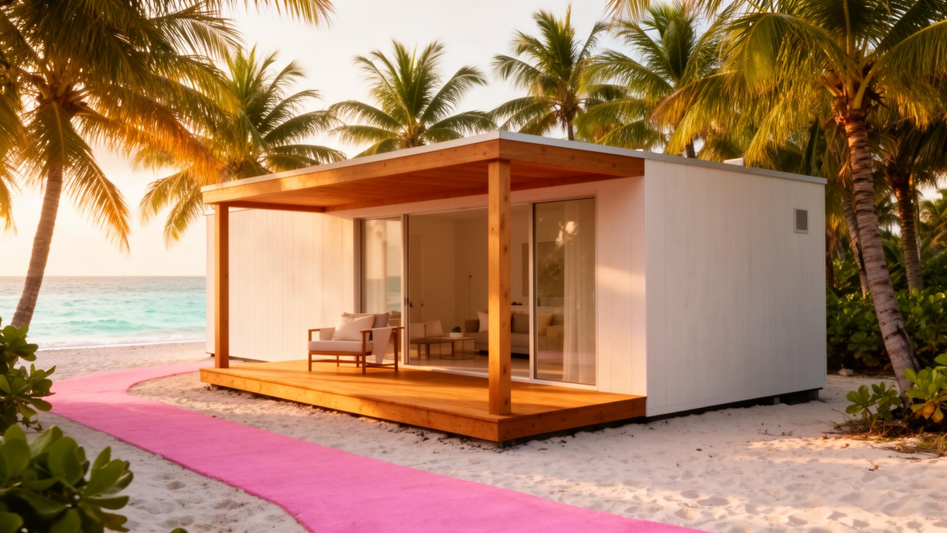 A luxury tiny home with a wooden porch beside the turquoise ocean in Eleuthera, The Bahamas